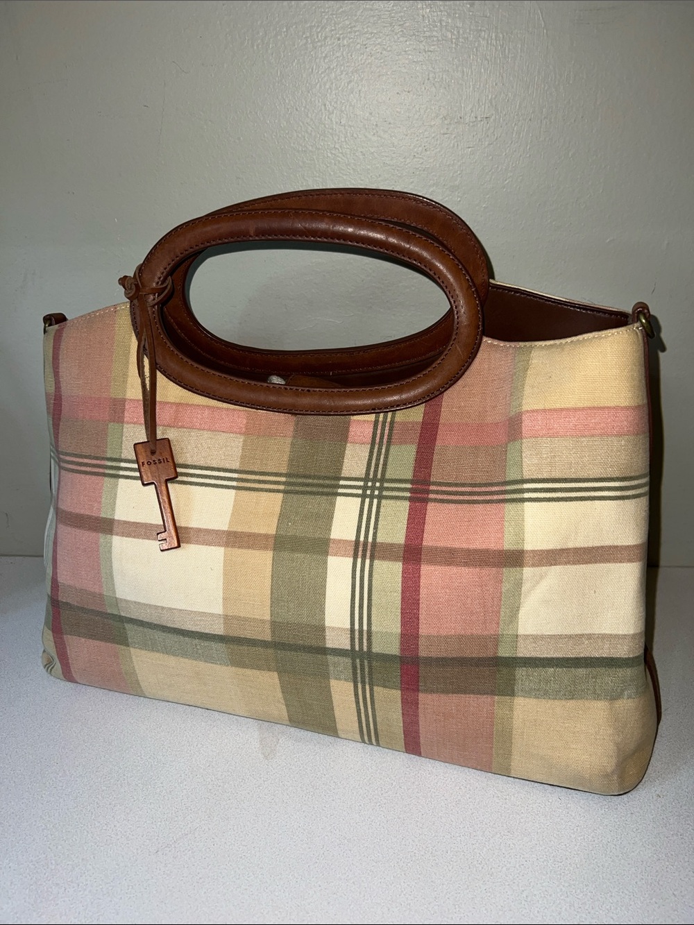 Fossil Plaid Handbag Canvas Tote with Brown Leather Handles boho cottagecore